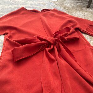Red-Orange Long Sleeve Midi Dress with Waist Tie (Size: Small)